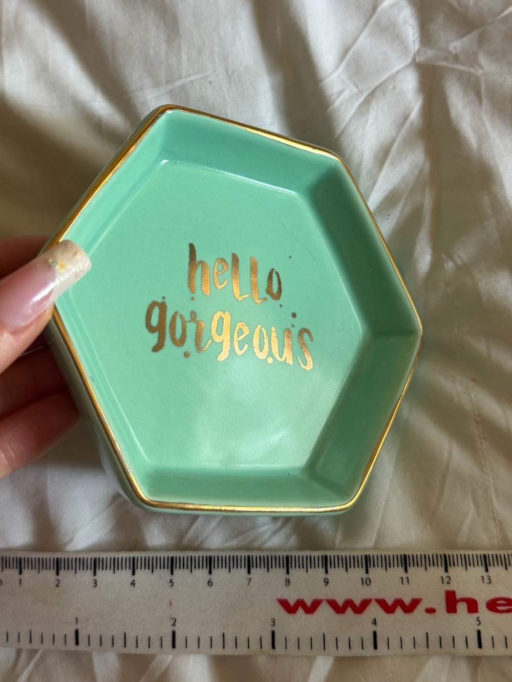 ✨Tiffany Blue/ Mint Hexagon Ceramic Trinket Dish with Gold Leaf Details
